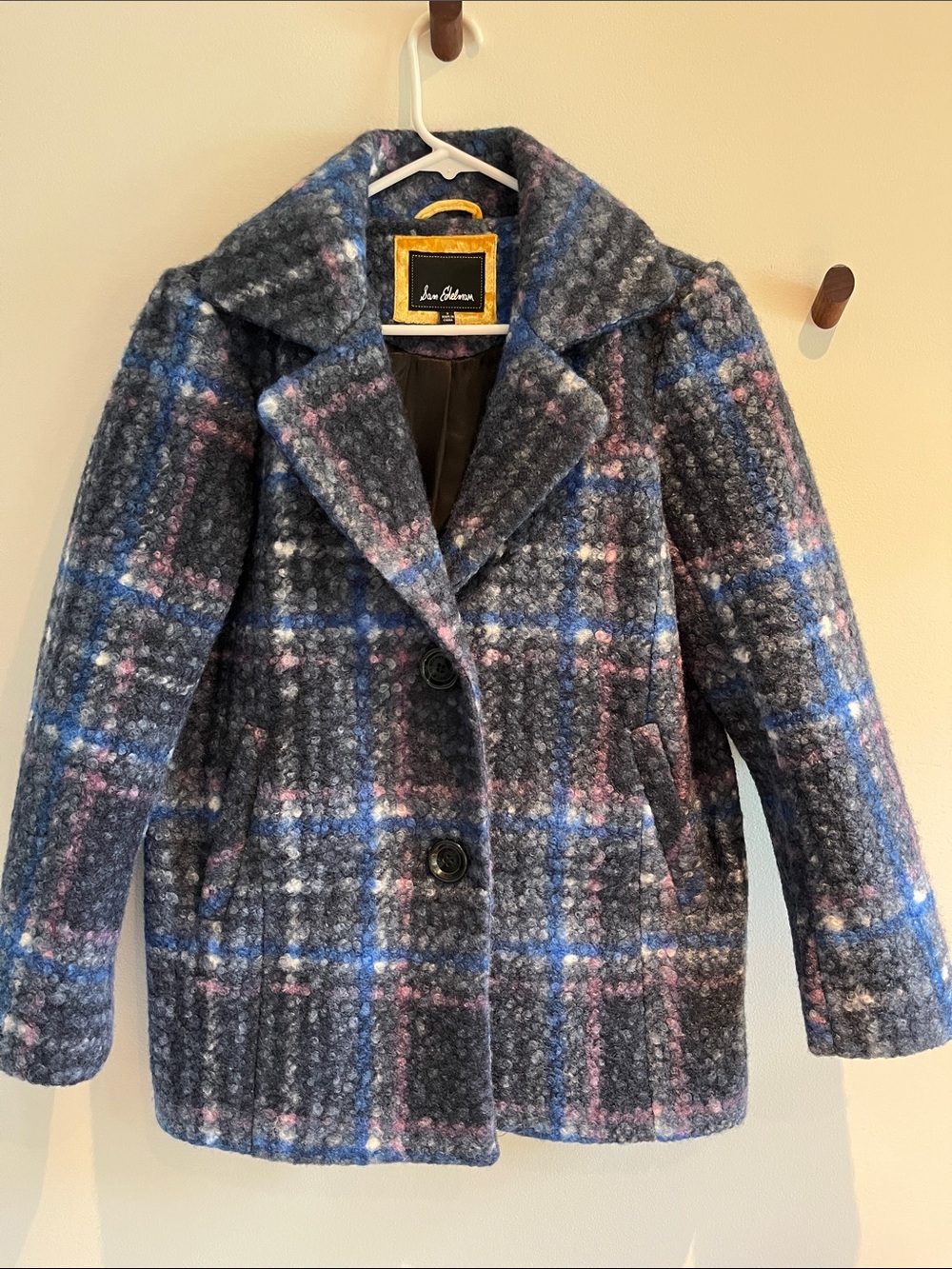 Sam Edelman Blue Plaid Boucle Wool Blend Coat -S